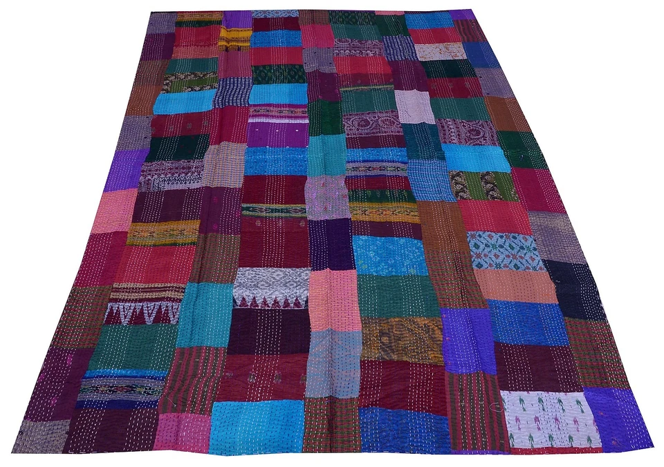 Colcha Kantha de seda Patola india tema liso retazos manta colcha doble_EE. UU. Foto 2 de 4