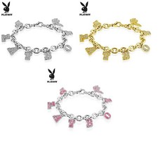 Playboy Stainless Steel Charm 8" Bracelet With Gems - Playboy Bunny Bracelet