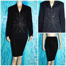 ST. JOHN Evening Black Jacket Skirt L 12 10 2pc Suit Studs Starburst Shimmer