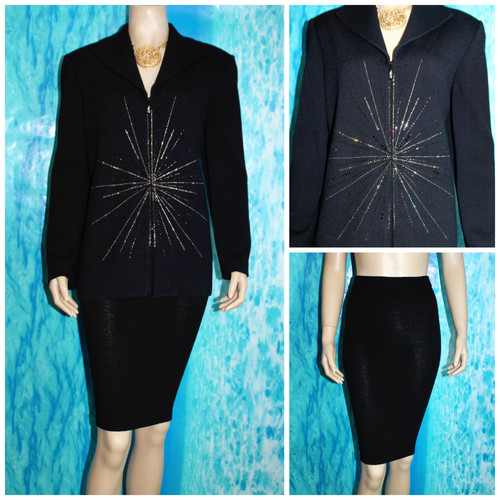 St. John, ST. JOHN Evening Black Jacket Skirt L 12 10 2pc Suit Studs Starburst Shimmer