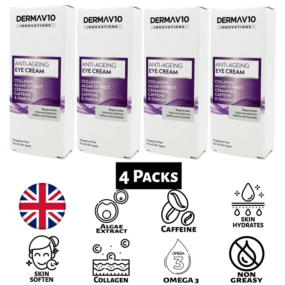 4x Derma V10 Innovations Anti Ageing Eye Cream, Collagen Fragrance free 15ml