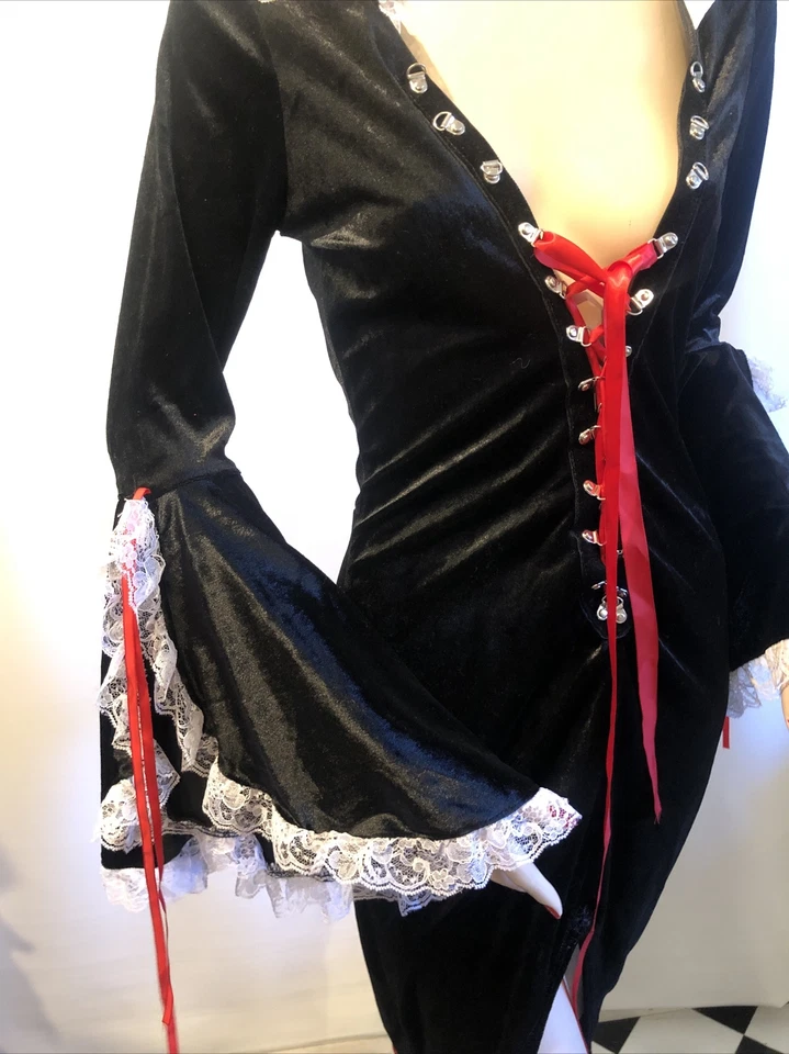 Vestido Largo Charades Drácula Halloween Terciopelo Negro Encaje Mangas Largas Campana L Foto 3 de 4