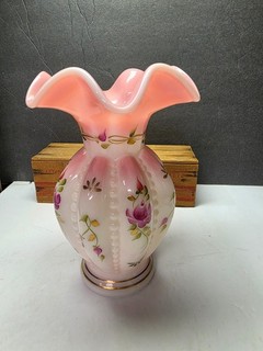 VINTAGE FENTON GLASS ROSALENE BEADED MELON HAND PAINTED VASE