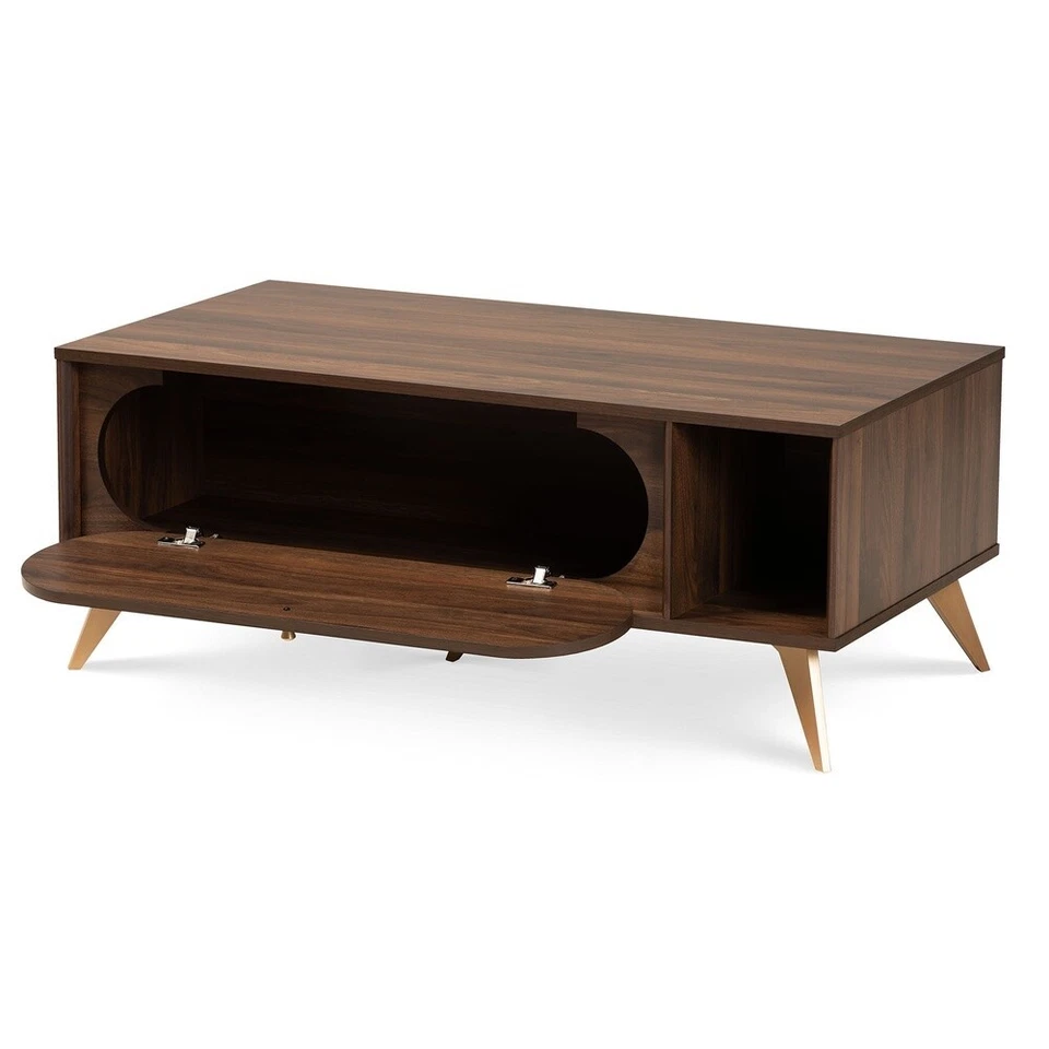 Mesa de centro moderna Mid Century con almacenamiento patas doradas madera MDF marrón nogal nueva Foto 4 de 4