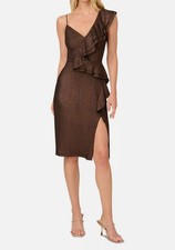 Adrianna Papell Women's Brown Metallic Ruffled Sleeveless Sheath Dress Size 14