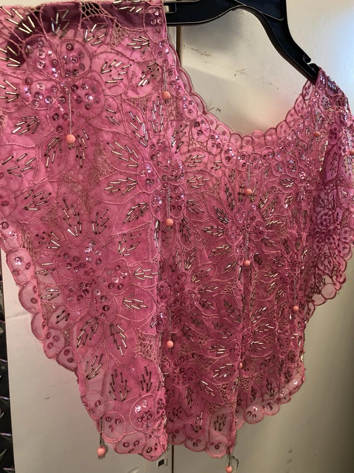 Hand Beaded VTG Pink Sequin Flower Sheer Capelet Shawl Burlesque Bowlero - Image 3 of 4