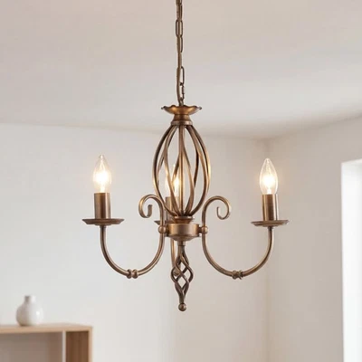 Premium Lustre En Laiton Antique L:36 Cm 3-Flammes E14 Lampe Suspendue De Table - Photo 1/4