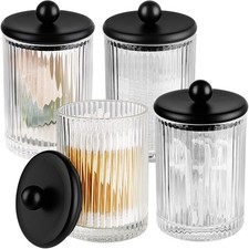 4-Pack Black Ribbed Glass Qtip Holder - Apothecary Jars Bathroom Organizer Se...
