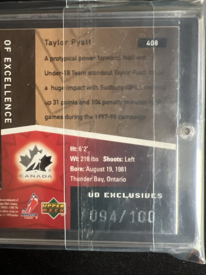 1998 Upper Deck Program of Excellence UD Exclusives /100 Taylor Pyatt Rookie RC - Image 4 of 4