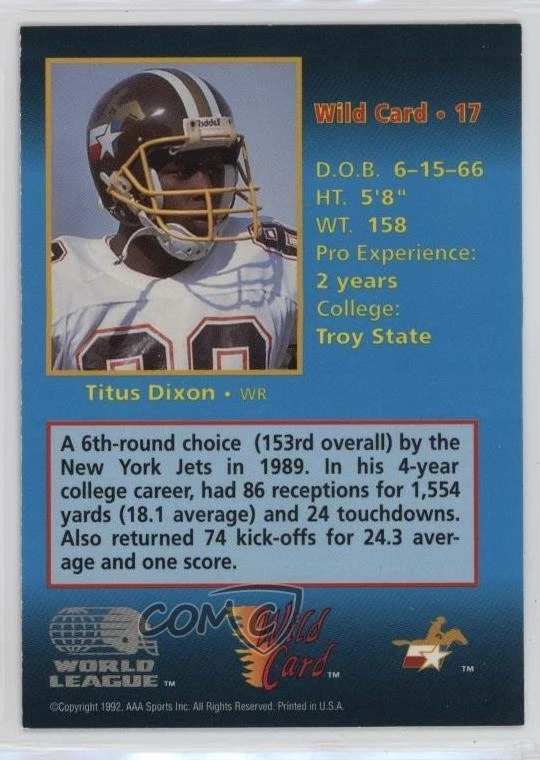 1992 Wild Card World League Titus Dixon #17 - Image 2 of 2
