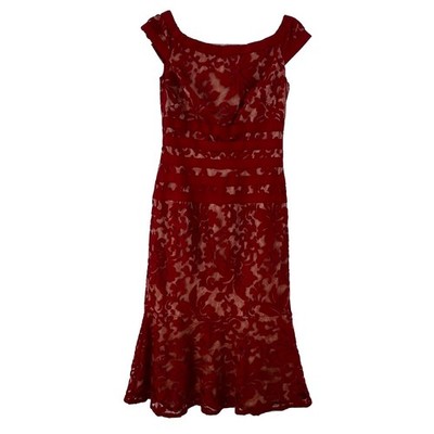 TADASHI SHOJI Dress Cocktail Red Lace Flounce Hem Midi Dress 2 embroidered  | eBay