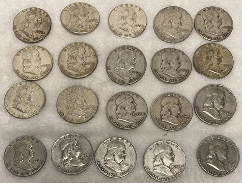 $10 1951-1963 Franklin Half-Dollars - 90% Silver 20-Coin Roll - Silver Bullion