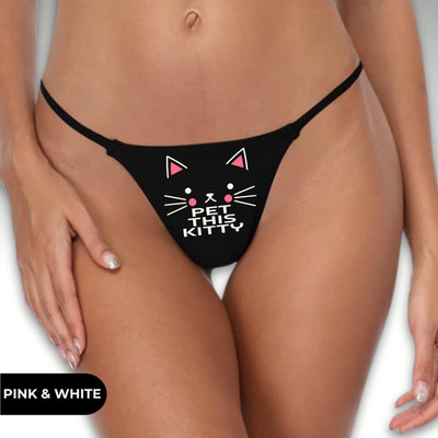 Pet This Kitty Thong   Flirty Black Cat Graphic Low Rise Cotton Panty