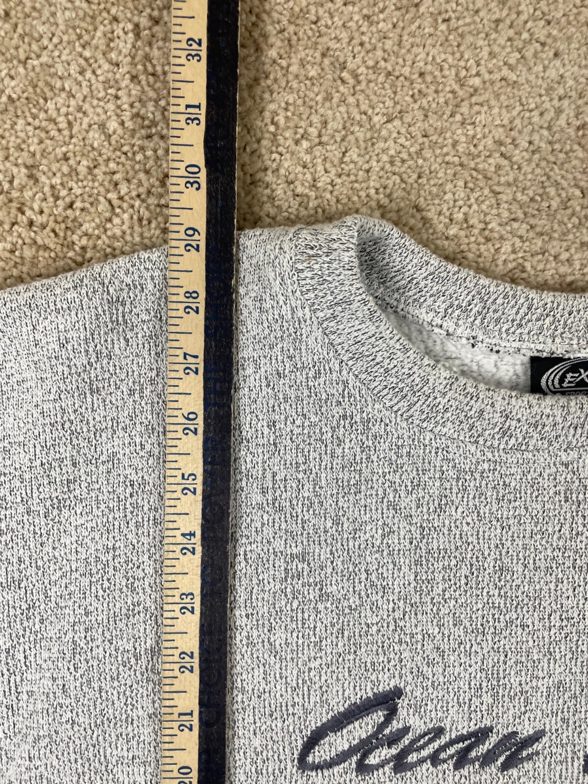 Gray Vintage Exist Sportline pullover sweater men’s XL, made in USA, with white measurement tape along the neckline.