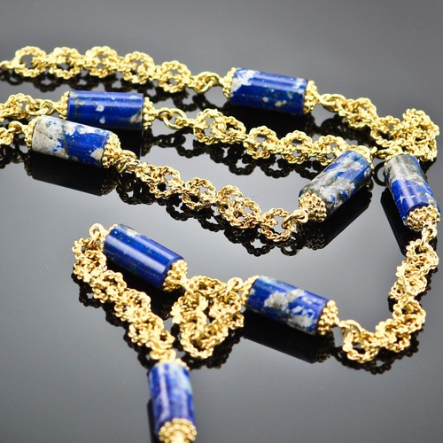 GEMSTONE STATIONARY NECKLACE LAPIS & SOLID 18K YELLOW GOLD CHAIN MADE ITALY 32" - Picture 2 of 12