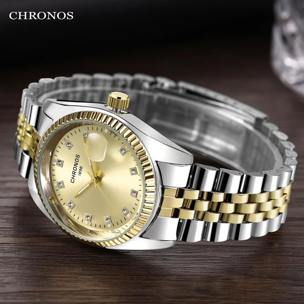 CHRONOS 1898 Men Luxury Rhinestone Watch Gold Waterproof | eBay