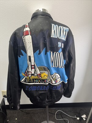 VTG 90's Walt Disney Gallery 'Tomorrowland' black leather jacket RARE HTF L