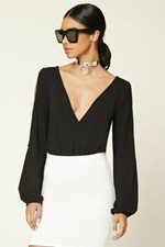 Forever 21 Black Contemporary V-Cut Bodysuit Small S