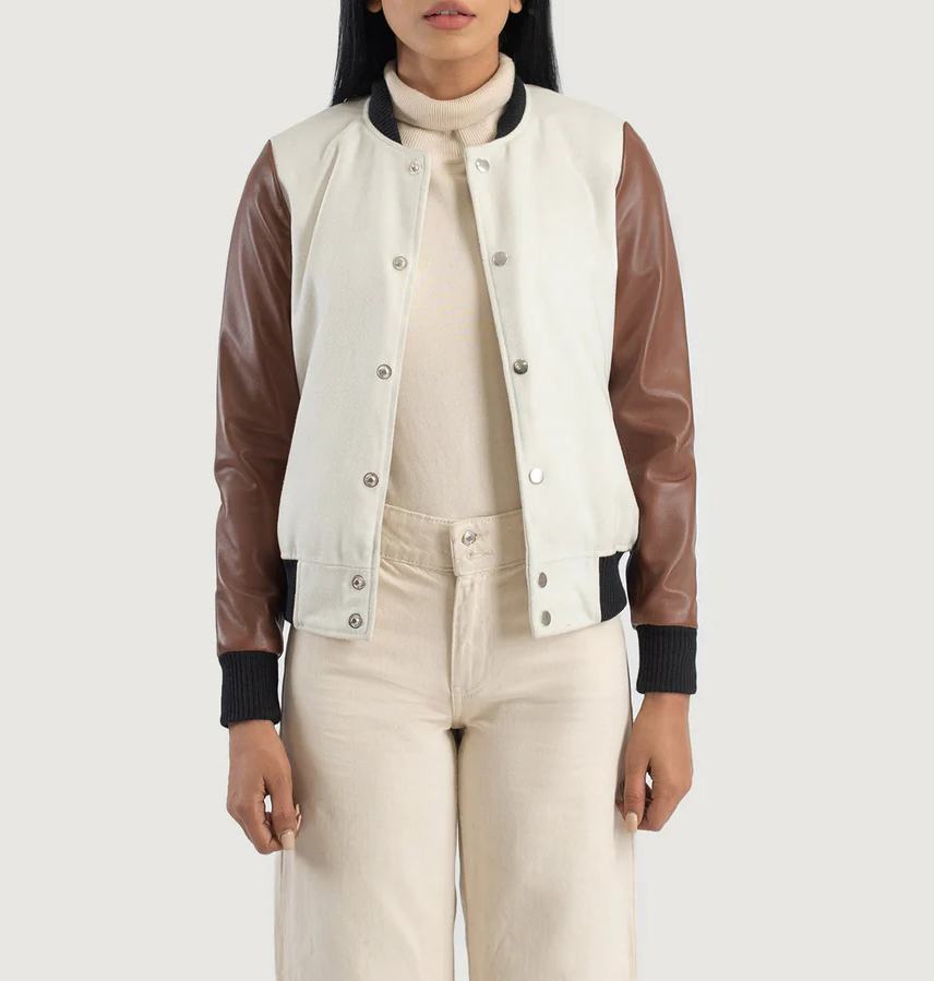 Savant Men's White Brown Varsity Jacket Hybrid Leather Baseball Bomber Coat