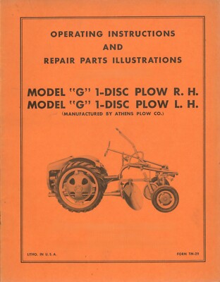 Allis Chalmers  G Tractor  1 Disc Turning Plow Owner's & Parts Manual AC Disk