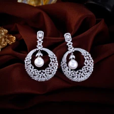 Silver Plated Round Leaf Zircon Long Drop Pearl Dangle Earrings for Women Brides