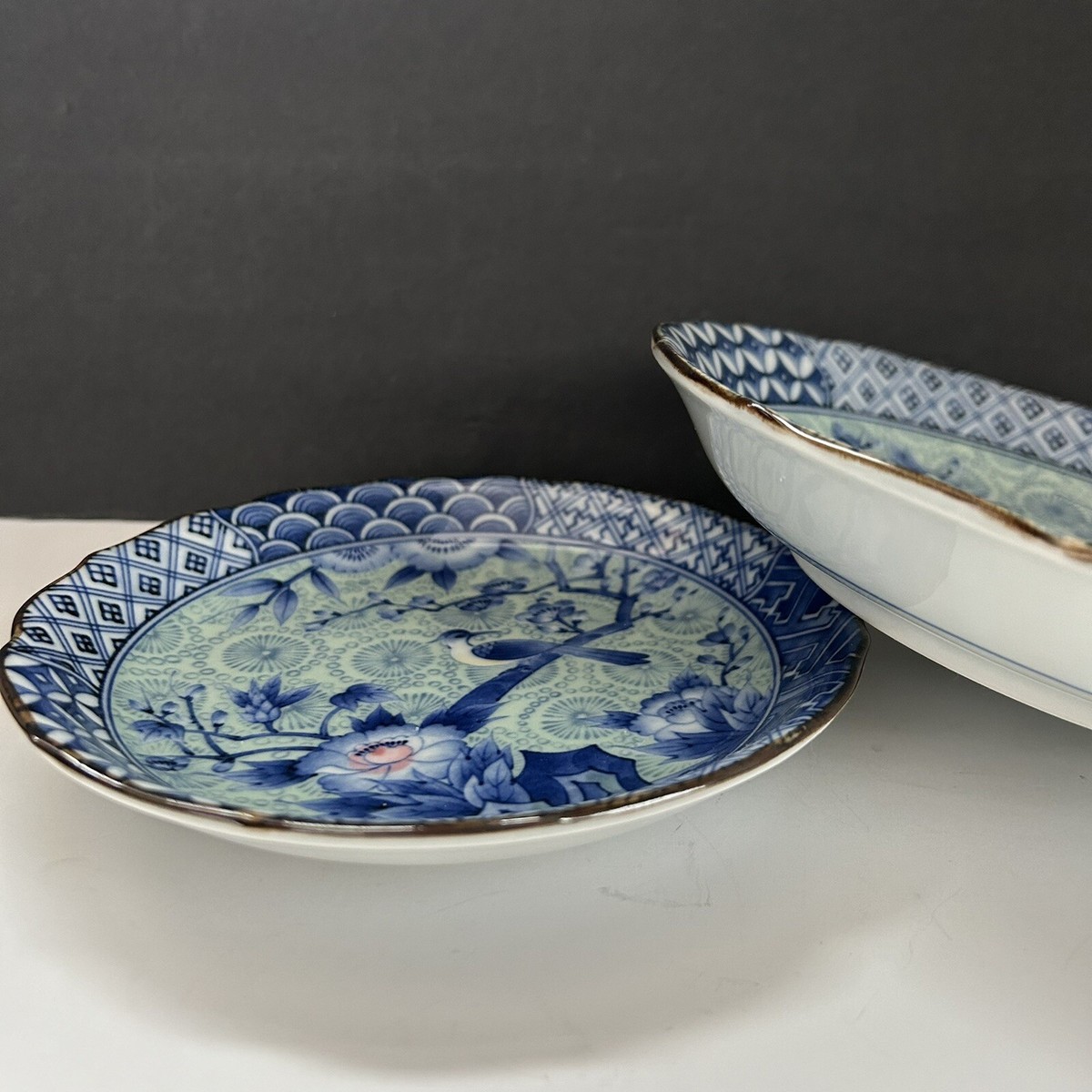 Set of 2 Vintage Porcelain Plate Blue Sage Dish Bird Flower Set of 2 Vintage Porcelain Plate Blue Sage Dish Bird Flower