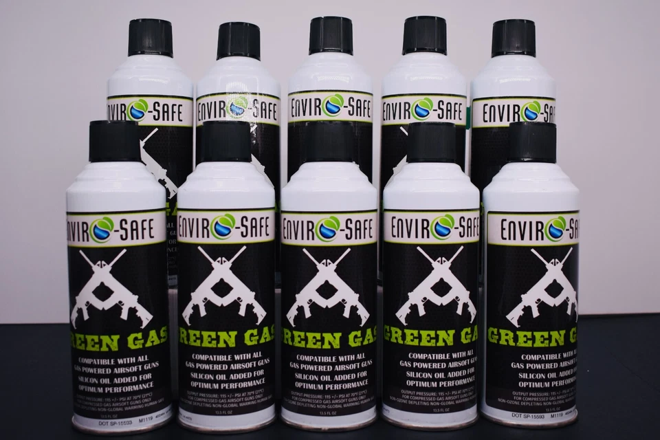 ENVIROSAFE-REFRIGERANTS Green Gas, Law Enforcement Military Approved, Airsoft, 10 cans