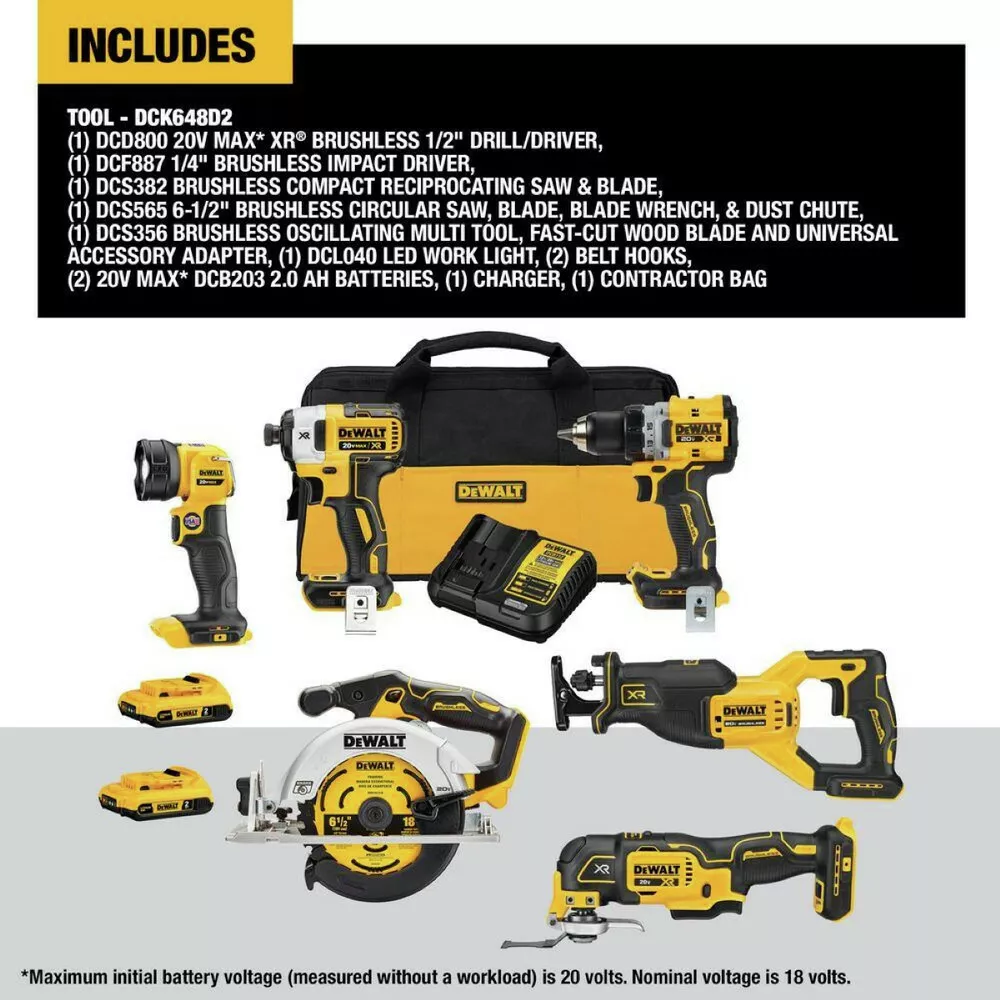 DEWALT 20V MAX Cordless 6 Tool Combo Kit with (2) 20V 2.0Ah