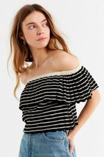 Urban Outfitters XS Black White Stripe Off Shoulder Cotton Sweater NEW