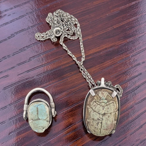 VINTAGE STERLING SILVER SCARAB RING SIZE 3 18.5" NECKLACE SET KALI SET #7980