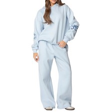Women Light Blue Hoodie Sweatpants Set Bow Print Tracksuit Casual 2 Piece Outfit