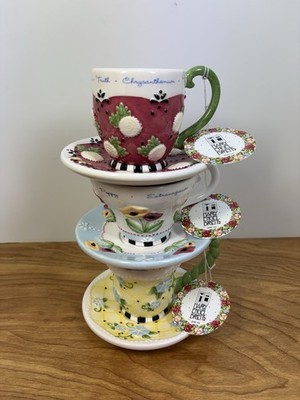 3 Vtg Mary Engelbreit Teacup Candles Morning Glory Poppy Chrysanthemum Unused