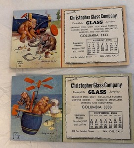 2  Advertising Blotters Aug. & Oct. 1948 Calendars Christopher Glass Co. 
