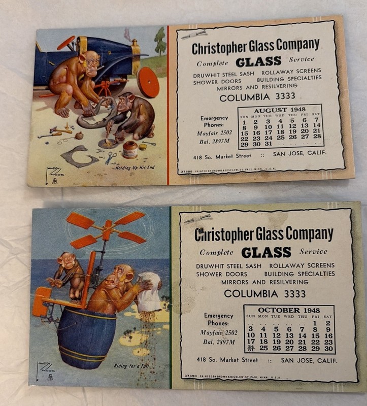 2  Advertising Blotters Aug. & Oct. 1948 Calendars Christopher Glass Co. 