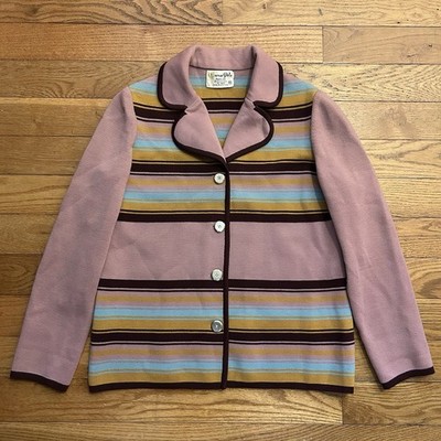 Vintage 60s 70s Marco Polo 100% Wool Pink Striped Chore Jacket Womens Medium