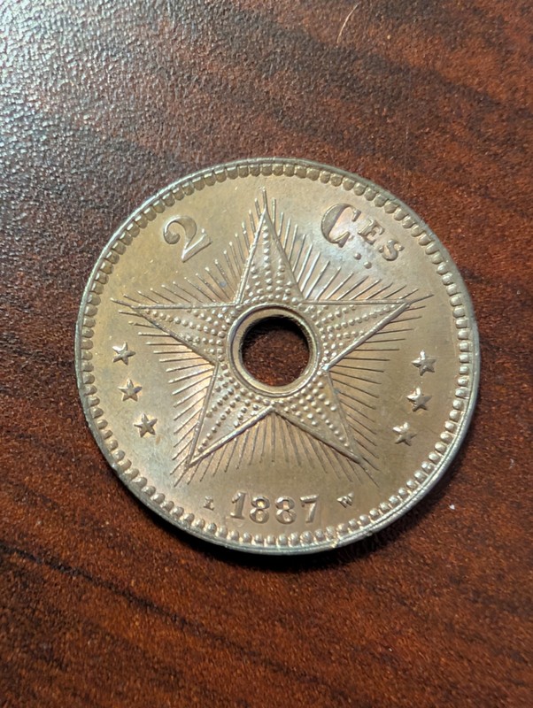 Belgian Congo 1887 2 Centimes KM 2 Red & Brown UNC BU Copper African Coin