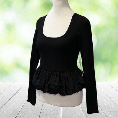 ASTR THE LABEL Top Bubble Peplum Rib Knit Stretch Square Neck Black NWT Womens S