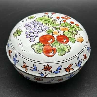 Enamel Brass Round Trinket Box Floral Grape Cherry Peach Fruit