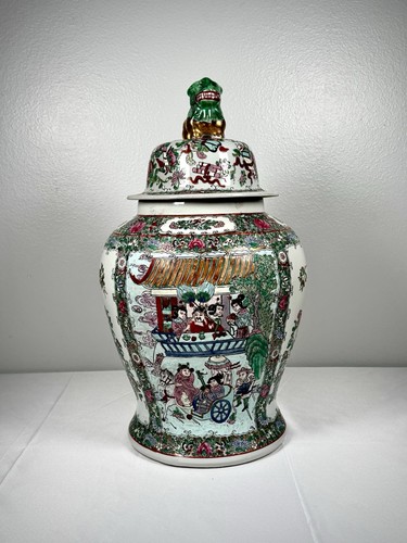 Chinese Porcelain Ginger Jar Large Famille Rose Lion Finial Lid Floral