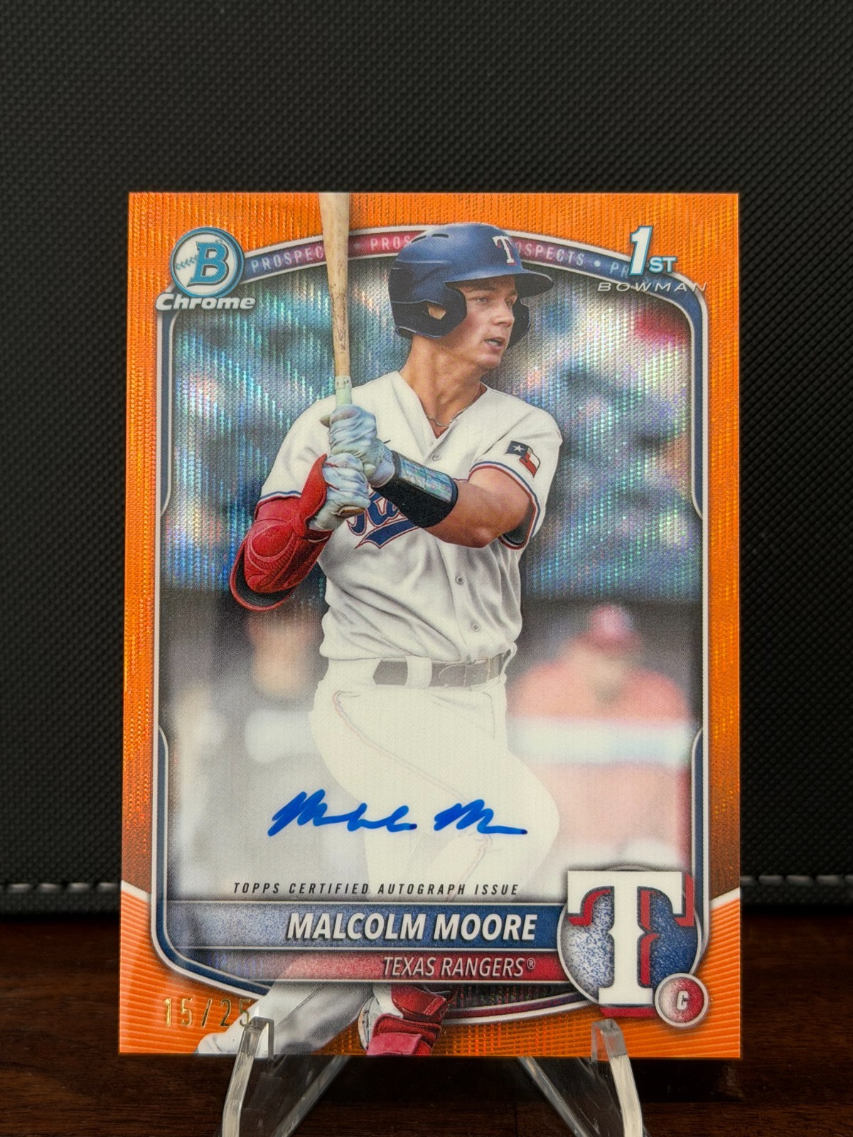 2025 Bowman Chrome 1st Malcolm Moore Orange Wave Refractor Auto 15/25 Rangers