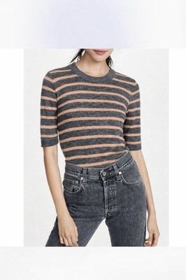 Veronica Beard Dean Linen Knit Half Sleeve Gray Stripe Pullover Top M