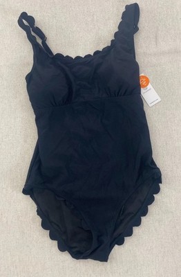 Charmo One Piece Womens L Black Ribbed Scallop Trim Stretch Padded UPF 50+ NWT