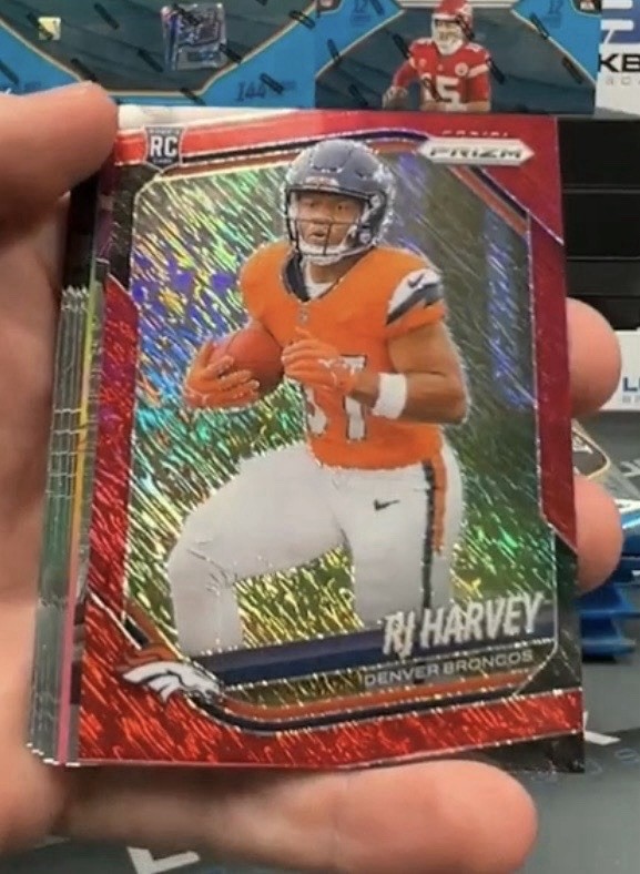 2025 Prizm RJ Harvey Red Shimmer FOTL /49 RC Rookie Broncos 303