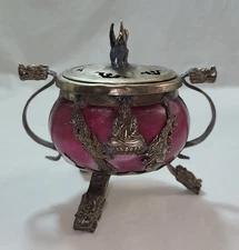 Incense Burner  China Pink JADE Metal Copper Dragons Buddhism Guanyin Vintage