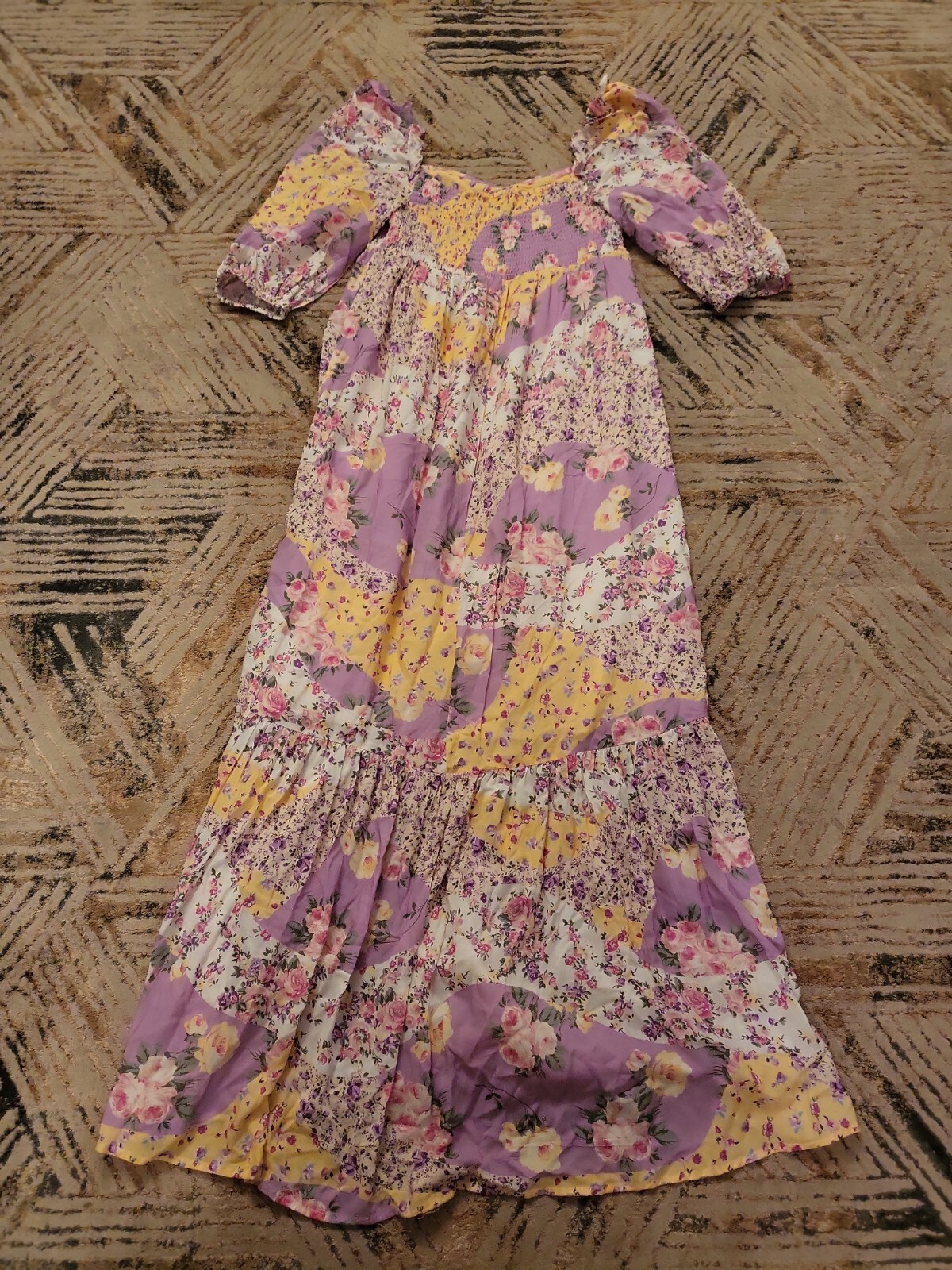 Betsey Johnson Purple Smocked Patchwork Floral Poofy Sleeve Maxi Dress  Medium | eBay