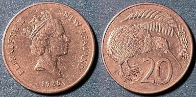 イギリス旧紙幣セット 合計£225(£50£20£10£5) New Zealand 1986 20 Cents - Elizabeth II Kiwi Bird KM-62 Copper