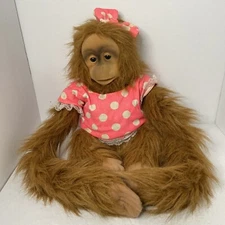 Vtg Hosung Plush Monkey 12" Hand Puppet Pink Polka Dot Dress Chimp 1992