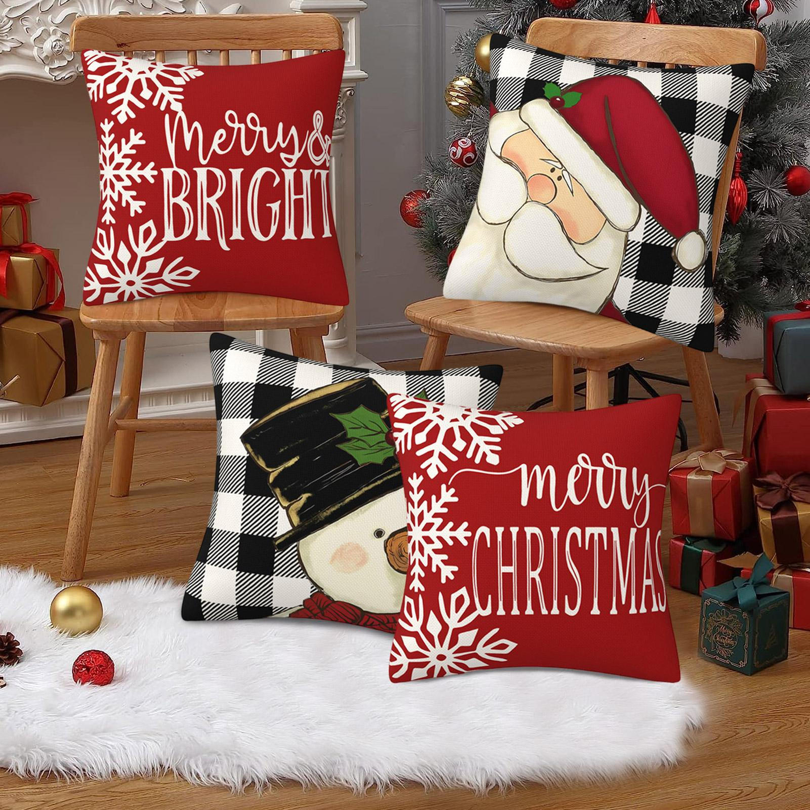 4 Pack Christmas Cushion Covers, Christmas Decoration 18x18 Throw