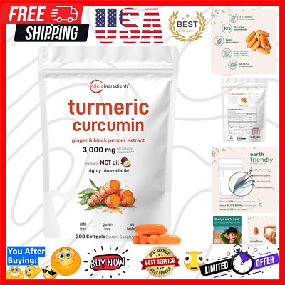 Turmeric Curcumin 3000mg with 95% Curcuminoids, Ginger & Black Pepper 300 Sgels
