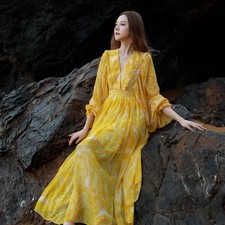 Women Yellow Floral Print Lantern Sleeve Holiday Long Chiffon Beach Dress V-neck